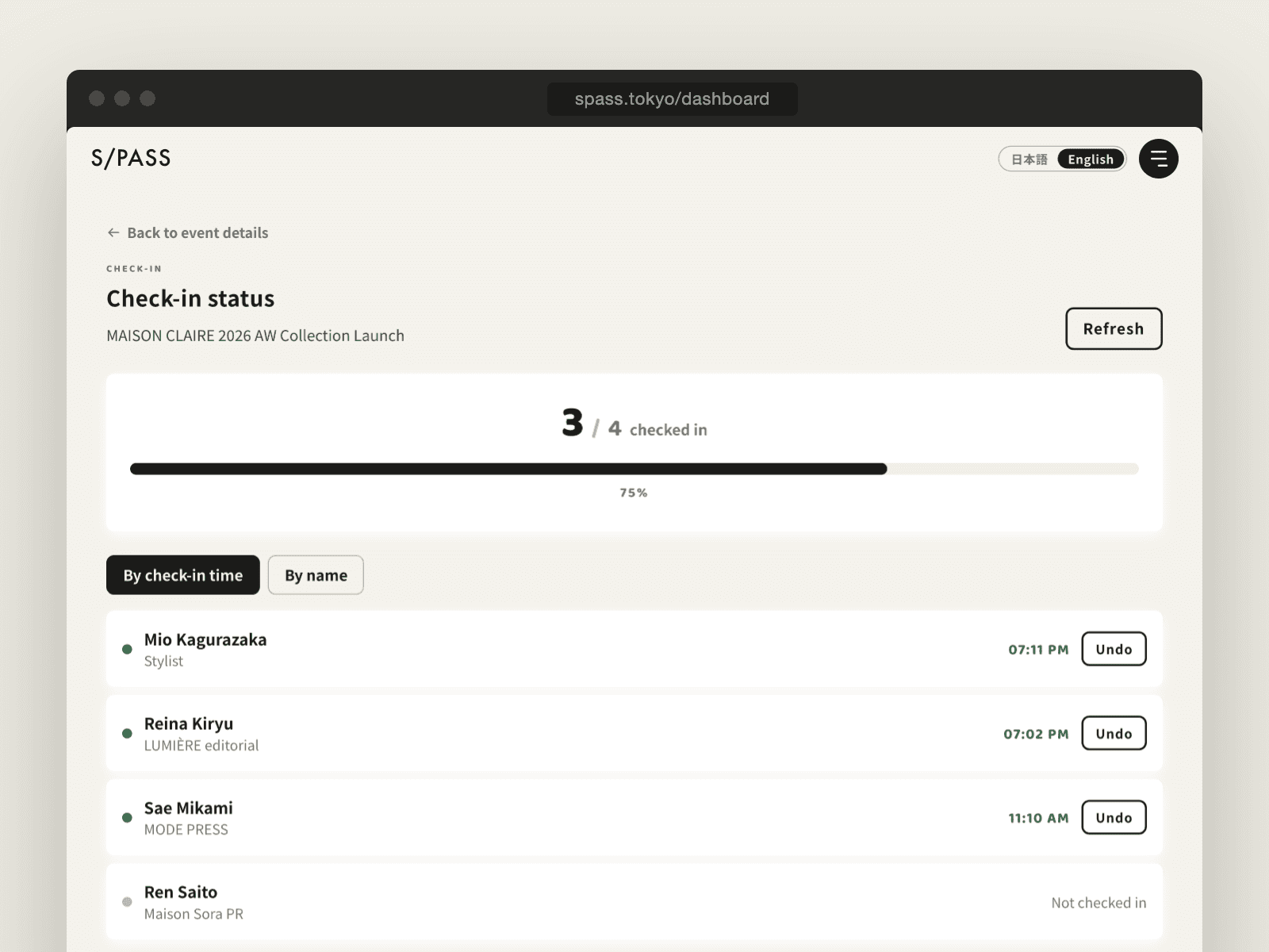 The check-in status screen totaling arrivals in real time, with each guest's check-in time