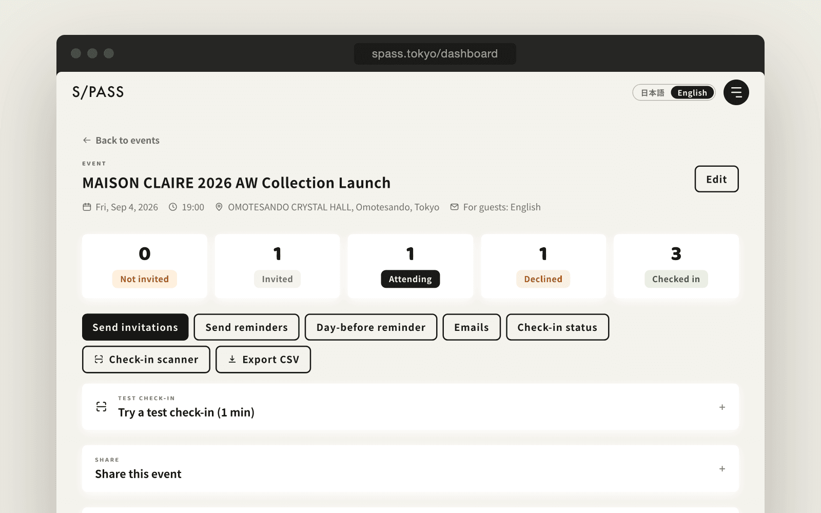 The event details screen in the S/PASS dashboard, totaling invitations, RSVPs and check-ins in real time