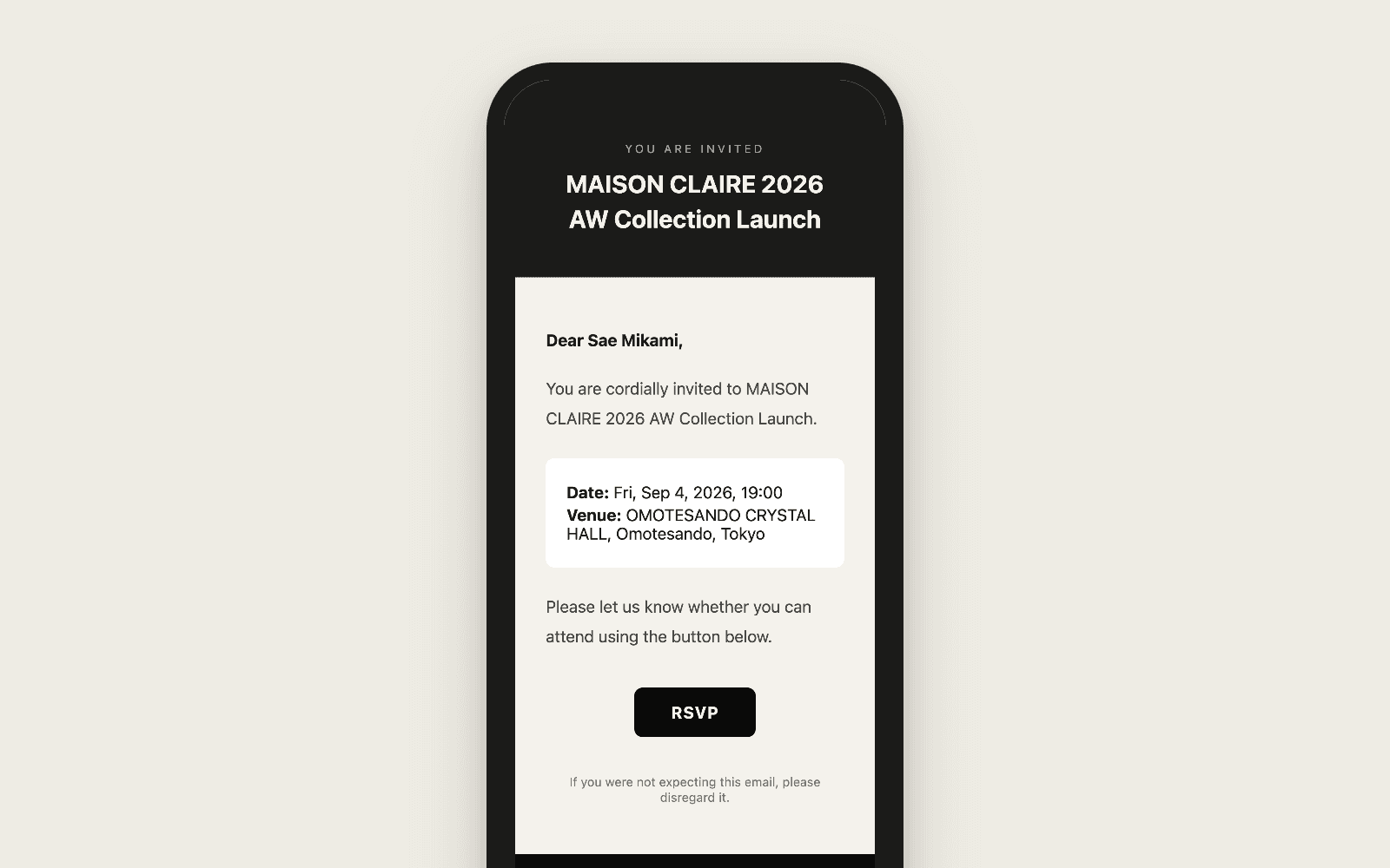 An invitation email in English arriving on a guest's phone