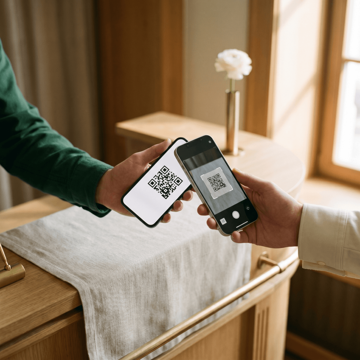 受付でゲストのスマートフォンに表示されたQRコードを、スタッフのスマートフォンで読み取るシーン