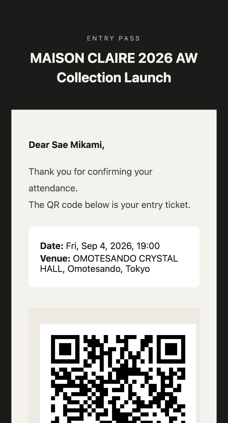 Entry QR ticket in a guest's email, with name, date, venue and QR code
